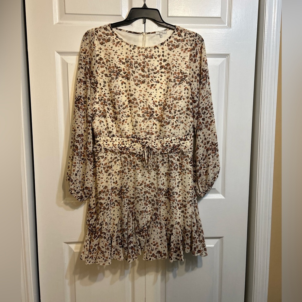 JODIFL Ruffle Romper Sz L Large Sheer Overlay Beige Brown Print Dress Drawstring